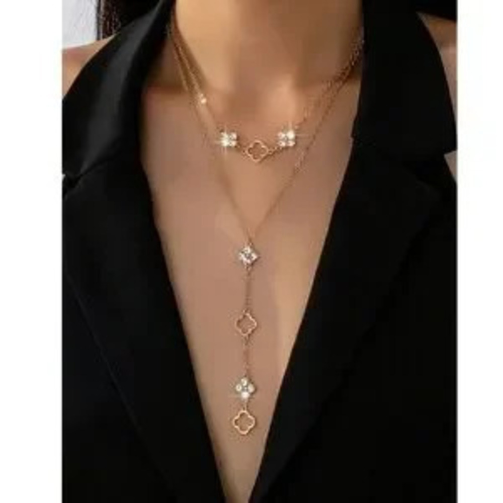 Dainty Gold Tone Rhinestone clover Long Necklace